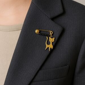 Vintage Ballou Gold Cat Pin Brooch Safety Style with Black Beads